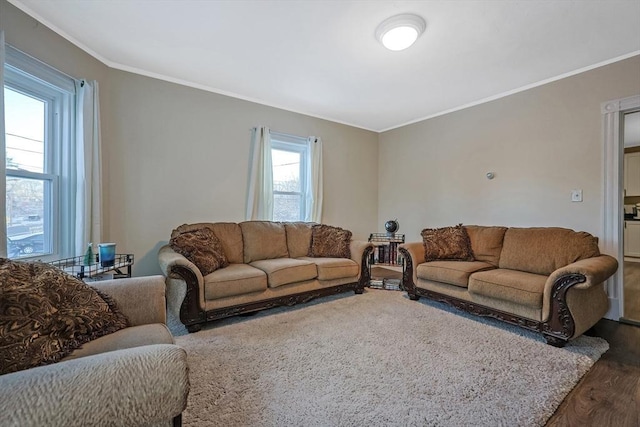 living room featuring hardwood / wood-style flooring and ornamental molding