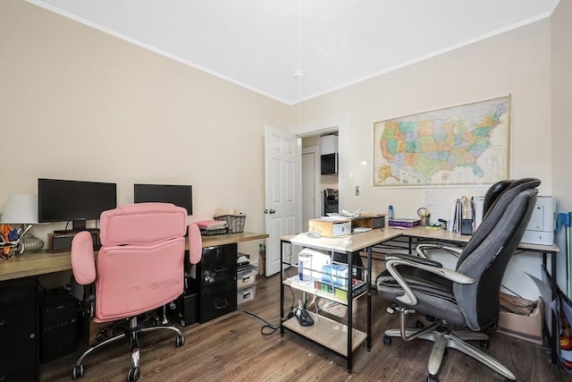 office area featuring hardwood / wood-style floors and ornamental molding