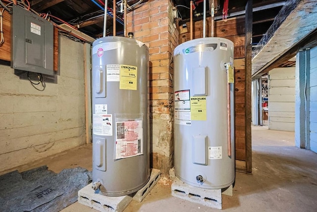 utility room featuring electric panel and electric water heater