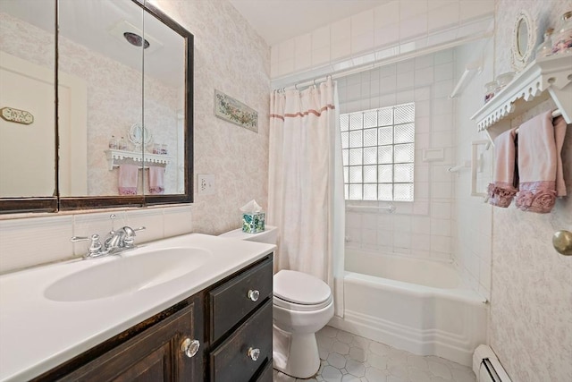 19 Oakdale Rd, Canton, MA 02021 - bathroom with toilet, vanity, shower / bath combo, a baseboard heating unit, and tile patterned flooring