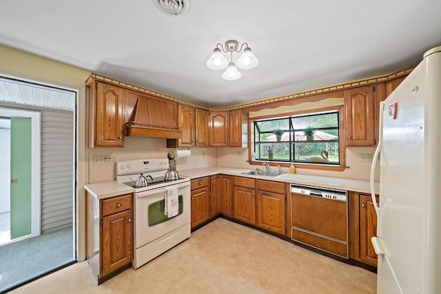 19 Oakdale Rd, Canton, MA 02021 - kitchen featuring white appliances, custom exhaust hood, a sink, brown cabinets, and light countertops