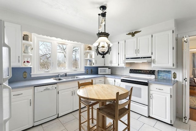 kitchen with open shelves, a sink, white appliances, white cabinetry, and under cabinet range hood