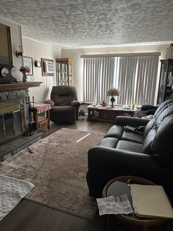 living area with a wall mounted AC, ornamental molding, wood finished floors, and a high end fireplace