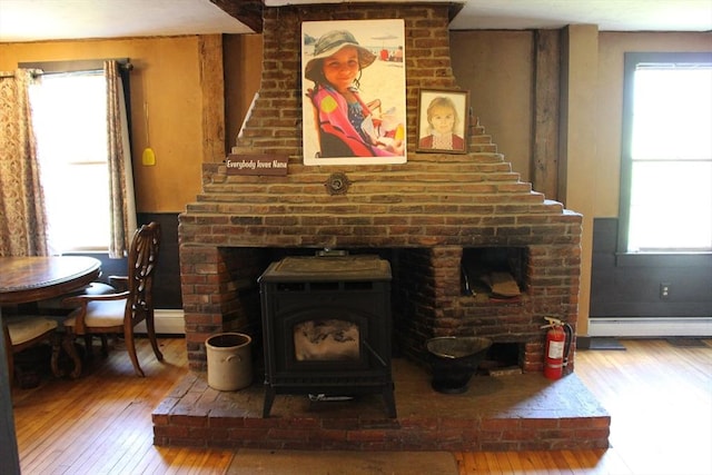 living area featuring baseboard heating, a wood stove, and hardwood / wood-style floors
