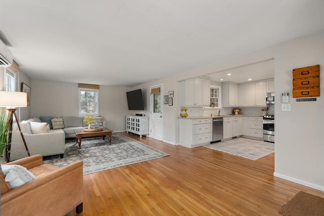 living room with light hardwood / wood-style floors and sink