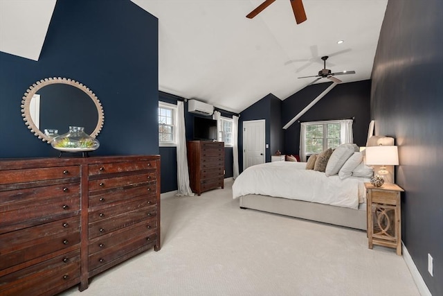 carpeted bedroom with a wall mounted air conditioner, ceiling fan, and lofted ceiling