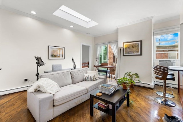 390 Riverway Unit 24, Boston, MA 02115 - living area with a skylight, ornamental molding, cooling unit, wood finished floors, and a baseboard radiator
