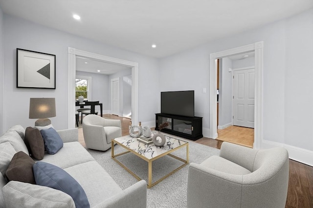 living room with a fireplace and hardwood / wood-style flooring