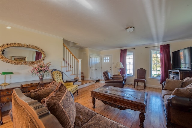 living room featuring crown molding and light hardwood / wood-style flooring