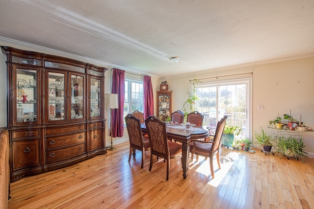 dining space featuring light hardwood / wood-style floors and crown molding