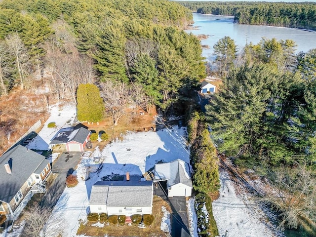 birds eye view of property featuring a water view and a wooded view