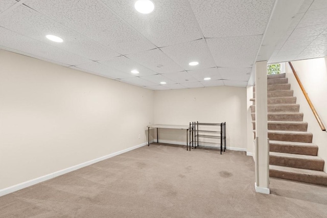 156 Patterson St, Attleboro, MA 02703 - below grade area featuring carpet, recessed lighting, stairway, and baseboards