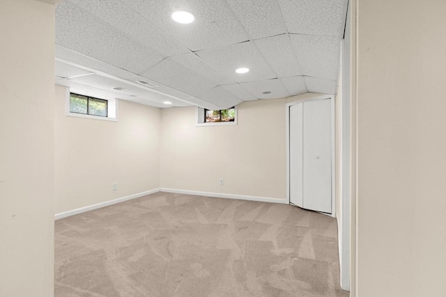 156 Patterson St, Attleboro, MA 02703 - basement with carpet, healthy amount of natural light, baseboards, a drop ceiling, and recessed lighting