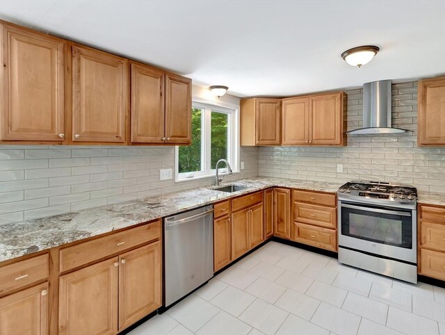 4 Gary Rd, Norton, MA 02766 - kitchen with appliances with stainless steel finishes, wall chimney range hood, backsplash, and light stone countertops