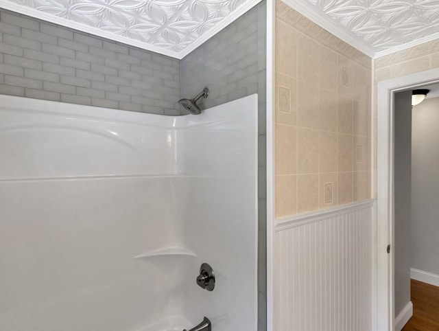 4 Gary Rd, Norton, MA 02766 - bathroom featuring an ornate ceiling, crown molding, and washtub / shower combination