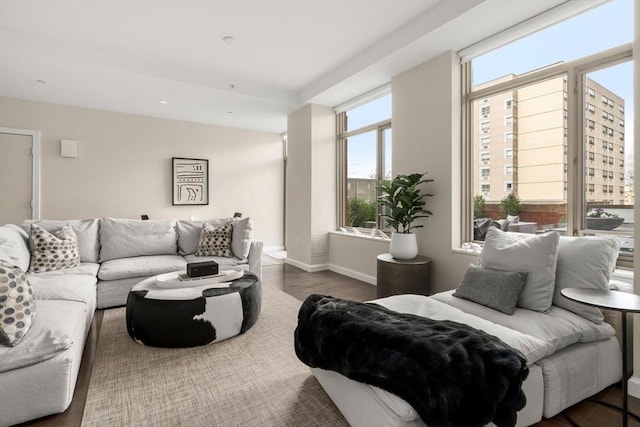 living area featuring baseboards and dark wood finished floors