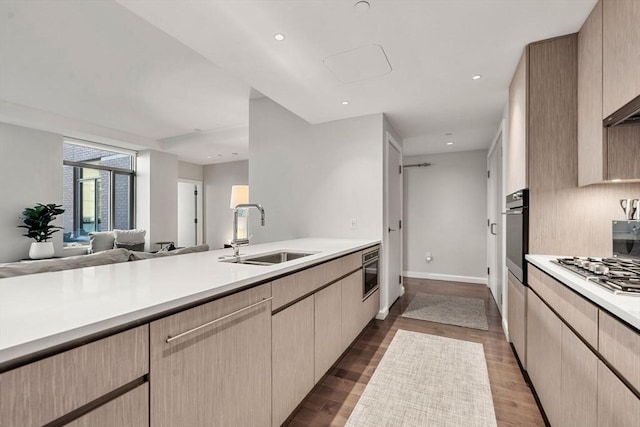 kitchen with a sink, light countertops, stainless steel appliances, and dark wood-type flooring