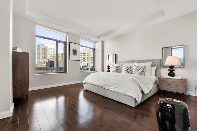 bedroom with baseboards, wood finished floors, and a tray ceiling