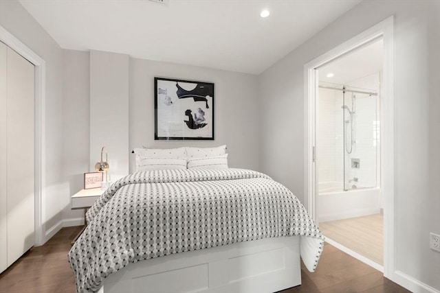 bedroom featuring recessed lighting, baseboards, and dark wood-style floors