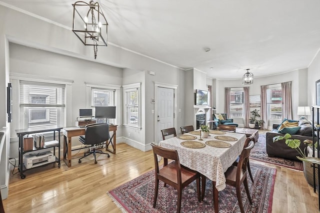 dining area with crown molding, light wood-style floors, and a healthy amount of sunlight
