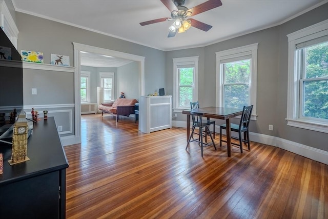 56 Marlboro St Unit 1, Belmont, MA 02478 - dining area featuring plenty of natural light, wood finished floors, a ceiling fan, and ornamental molding