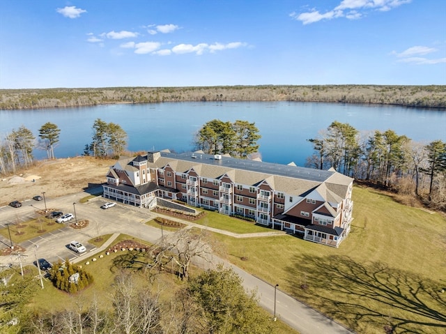 drone / aerial view with a water view