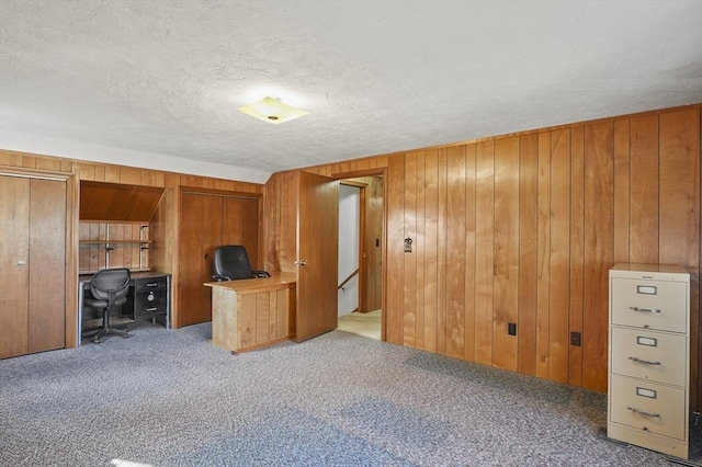 unfurnished office featuring carpet and wood walls