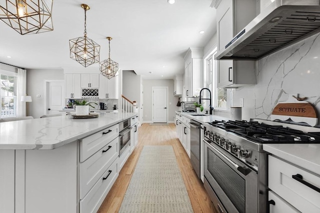 kitchen featuring appliances with stainless steel finishes, light wood-type flooring, decorative backsplash, and range hood