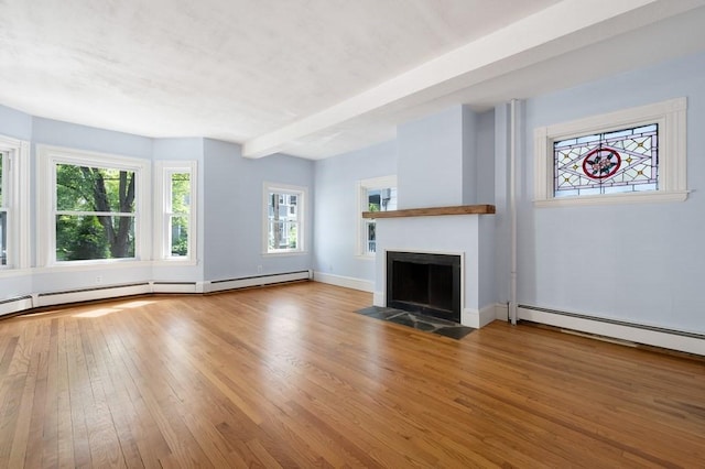 unfurnished living room featuring hardwood / wood-style floors, a fireplace with flush hearth, baseboard heating, and baseboards