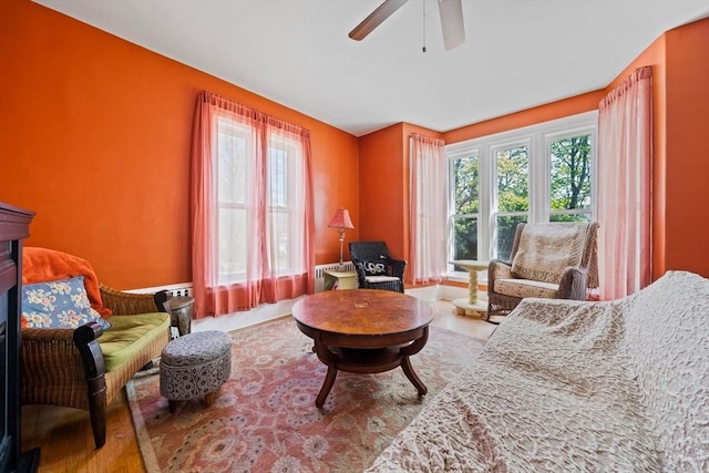 living area featuring ceiling fan