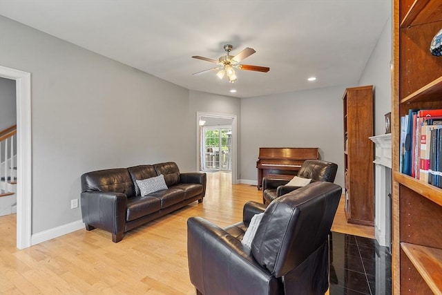 131 Great Rd, Shirley, MA 01464 - living area featuring ceiling fan, recessed lighting, wood finished floors, and stairs