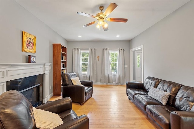 131 Great Rd, Shirley, MA 01464 - living area with a ceiling fan, light wood-type flooring, a fireplace, and recessed lighting