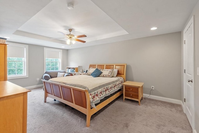 131 Great Rd, Shirley, MA 01464 - bedroom with a tray ceiling, light colored carpet, a ceiling fan, and recessed lighting