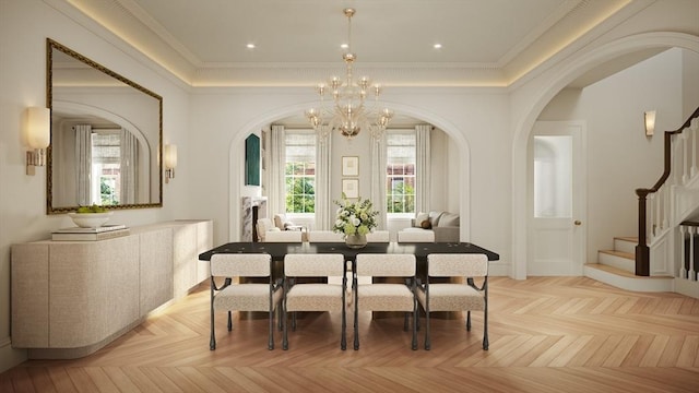 94 Mount Vernon St, Boston, MA 02108 - dining area featuring arched walkways, stairs, a chandelier, crown molding, and a tray ceiling