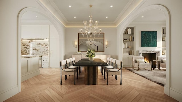 94 Mount Vernon St, Boston, MA 02108 - dining area with arched walkways, ornamental molding, a chandelier, recessed lighting, and a raised ceiling