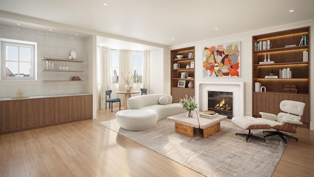 94 Mount Vernon St, Boston, MA 02108 - living room with built in features, light wood finished floors, a glass covered fireplace, and recessed lighting