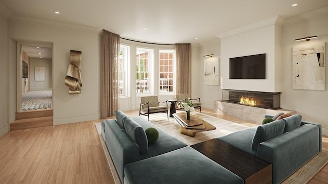94 Mount Vernon St, Boston, MA 02108 - living room with light wood-type flooring, a fireplace, crown molding, baseboards, and recessed lighting