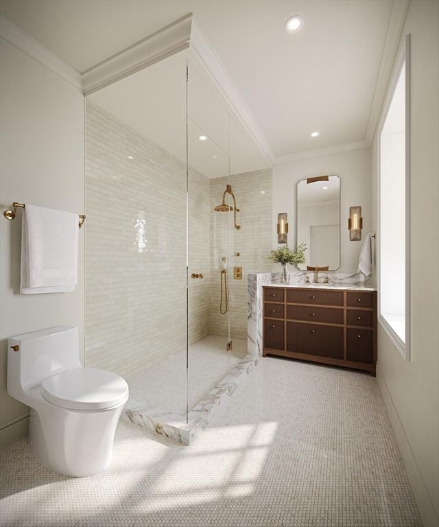 94 Mount Vernon St, Boston, MA 02108 - full bathroom with vanity, a walk in shower, toilet, ornamental molding, and recessed lighting