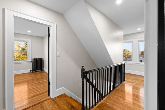 staircase featuring hardwood / wood-style floors and radiator