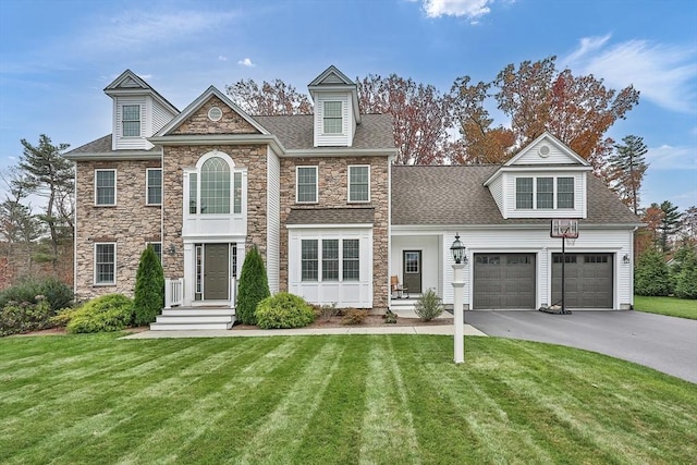 view of front of home featuring a front yard and a garage