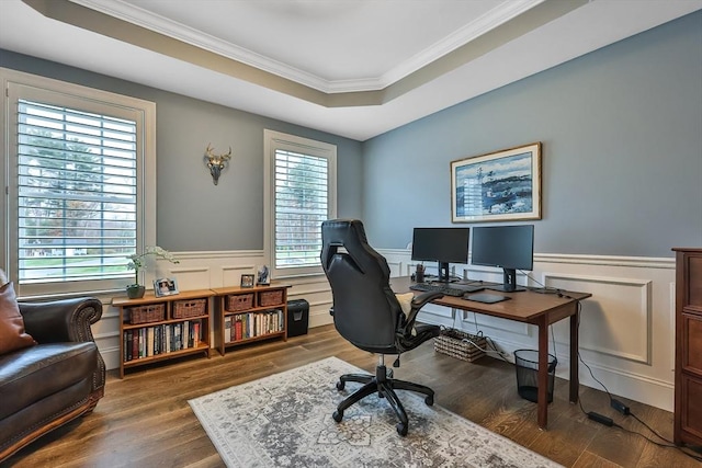 office space with dark hardwood / wood-style floors, ornamental molding, and a raised ceiling