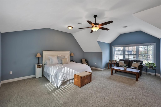 bedroom with carpet floors, ceiling fan, and lofted ceiling