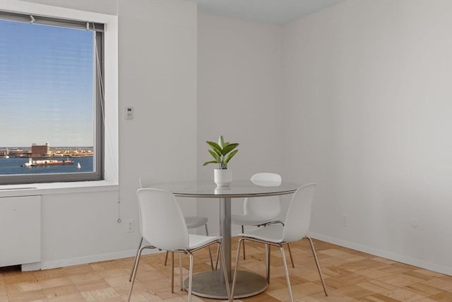 dining space featuring light parquet flooring