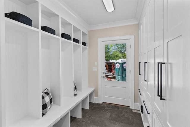 1780 Central Ave, Needham, MA 02492 - mudroom featuring crown molding and baseboards