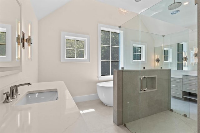 1780 Central Ave, Needham, MA 02492 - full bath featuring vaulted ceiling, a shower stall, baseboards, a freestanding bath, and vanity