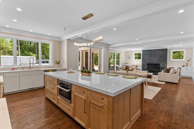 1780 Central Ave, Needham, MA 02492 - kitchen featuring crown molding, stainless steel oven, dark wood-style floors, a fireplace, and a kitchen island
