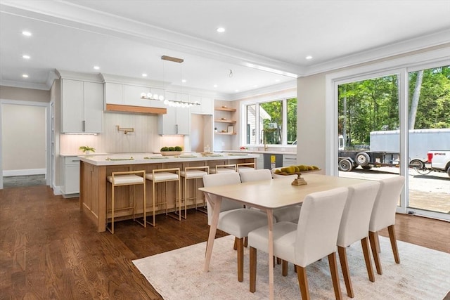 1780 Central Ave, Needham, MA 02492 - dining space with ornamental molding, dark wood finished floors, and recessed lighting