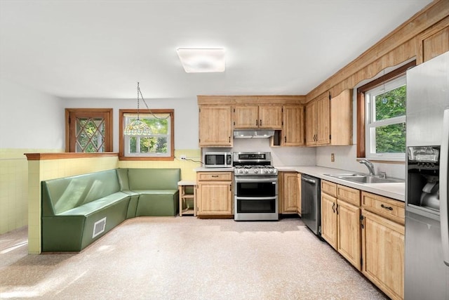 35 Bemis St, Weston, MA 02493 - kitchen with stainless steel appliances, a sink, light countertops, plenty of natural light, and a wainscoted wall