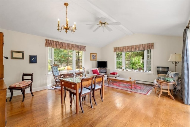 52 Harding Rd, Lexington, MA 02420 - dining space featuring a baseboard radiator, light wood-style floors, a ceiling fan, baseboards, and a chandelier