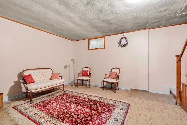 52 Harding Rd, Lexington, MA 02420 - living area featuring crown molding, baseboards, a textured ceiling, and stairway